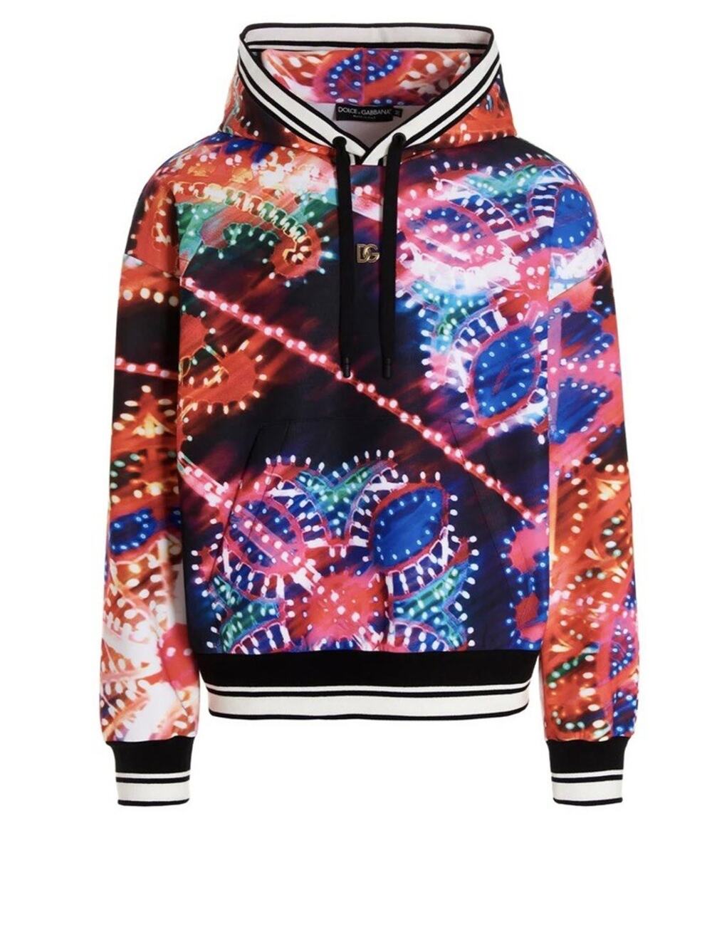 NWT Dolce & Gabbana Luminaire-Print Stretch Striped DG Logo Hoodie Sz L $1195.00